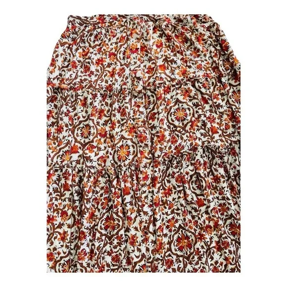 Cynthia Rowley Boho Hippie Flowy Tiered Orange & Brown Floral Print Skirt - Picture 2 of 7